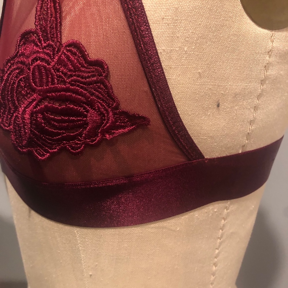 Out From Under Raspberry Embroidered Flower Mesh Triangle Bralette-Medium - Picture 2 of 6